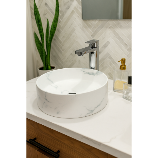370*370*130mm Bathroom Round Carrara White Above Counter Ceramic Wash Basin